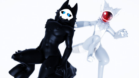 ambiguous_gender anthro black_body black_fur blue_eyes duo fur latex machine mask muscular open_mouth screen screen_face smile malicekira changed_(video_game) puro_(changed) canid canine canis goo_creature latex_creature living_latex mammal protogen robot wolf 16:9 3d_(artwork) digital_media_(artwork) hi_res mikumikudance_(artwork) widescreen