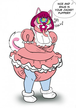 anthro bdsm bondage booties bottomwear bound clean_diaper clothed clothing collar diaper diaper_under_clothing diaper_under_skirt female hypnotic_visor object_in_mouth pacifier pacifier_clip pacifier_in_mouth restraints skirt solo straitjacket text wearing_diaper stonemask canid canine canis mammal wolf english_text hi_res