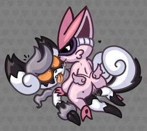after_kiss anthro big_claws black_body black_fur blush blush_lines bodily_fluids breasts cheek_tuft chest_tuft claws cute_fangs dipstick_ears duo ear_markings eyewear facial_tuft fangs female female/female finger_claws from_front_position fur genital_fluids genitals goggles grey_body grey_fur heart_symbol long_ears lying markings missionary_position mole_(marking) mole_on_butt multi_tail multicolored_ears neck_tuft no_sclera nude on_back orange_eyes orange_tongue pattern_background pink_body pink_fur pupils saliva saliva_string sex shocked simple_background slit_pupils smile tail teeth tongue tongue_out tribadism tuft vaginal vaginal_fluids vulva white_body white_fur wings maskedfurry nintendo pokemon eve_(maskedfurry) mimi_(maskedfurry) galarian_form galarian_linoone galarian_zigzagoon generation_5_pokemon generation_6_pokemon generation_8_pokemon hybrid legendary_pokemon meowstic pokemon_(species) regional_form_(pokemon) victini absurd_res alternate_version_at_source hi_res