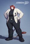 anthro biped clothed clothed_anthro clothed_female clothing dress elegant eyewear female grey_eyes hair plantigrade red_hair serious shirt solo standing sunglasses tail text three-quarter_view topwear agonwolfe felid feline mammal 2025 dated digital_media_(artwork) digital_painting_(artwork) english_text full-length_portrait handwritten_text hi_res portrait shaded soft_shading