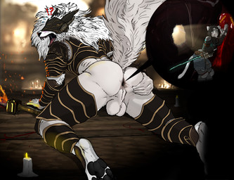 anal anal_penetration anal_vore annoyed_pred anthro anus armor aroused balls bodily_fluids butt clothed clothing duo endosoma extreme_size_difference fur genitals headgear helmet horn horned_helmet internal light macro male male/male micro open_mouth panel_overlap penetration purpleyaoguai raised_tail safe_vore scenery scratching size_difference spread_anus spreading sunlight tail vore mblaze elden_ring fromsoftware maliketh_(elden_ring) tarnished_(elden_ring) canid canine canis domestic_cat felid feline felis mammal wolf absurd_res digital_media_(artwork) hi_res