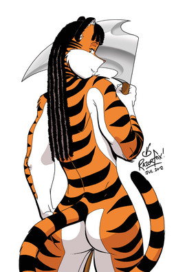 anthro athletic athletic_anthro athletic_female barely_visible_genitalia barely_visible_vulva biceps black_hair black_stripes braided_hair butt countershading dreadlocks female fur genitals hair holding_object holding_weapon looking_at_viewer melee_weapon nude orange_body orange_fur simple_background solo standing stripes vulva weapon white_background white_body white_countershading razorfox draconia_chronicles rula_(razorfox) felid mammal pantherine tiger 2012 hi_res