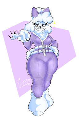 :3 anthro belt black_eyebrows black_eyes black_nose blush blush_lines breasts clothed clothing diamond_ring ears_down eyebrows eyelashes female fingernails floppy_ears freckles fur hand_on_hip jumpsuit long_fingernails nails pivoted_ears purple_clothing purple_jumpsuit ring solo thick_eyelashes thick_thighs white_body white_ears white_fur wide_hips lonercroissant epic_games fortnite lady_poodlina canid canine canis domestic_dog mammal poodle hi_res