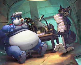 3_toes 4_fingers anthro belly big_belly biped black_nose blue_body blue_clothing blue_eyes blue_fur blue_shirt blue_topwear bottomless bottomless_anthro bottomless_male box cardboard cardboard_box ceiling_lamp chair cheek_bulge claws clothed clothing container countershade_face countershade_feet countershade_fur countershade_tail countershade_torso countershading cybernetic_arm cybernetic_limb desk dessert dipstick_ears doughnut doughnut_box duo ear_markings ear_piercing ear_ring ear_stud eating eyebrows eyewear feet finger_claws fingers food footwear fur furgonomic_footwear furgonomics furniture grey_body grey_clothing grey_fur grey_shirt grey_topwear grinning_at_another hair hat headgear headwear holding_box holding_container holding_object huge_belly humanoid_hands inside lamp looking_aside looking_at_another male male_anthro markings monotone_tail motion_blur multicolored_body multicolored_ears multicolored_fur narrowed_eyes navel obese obese_anthro obese_male on_chair overweight overweight_anthro overweight_male pastry pawpads piercing pink_pawpads plantigrade ring_piercing rolled_up_sleeves shirt shoes sitting sitting_on_chair table tail teeth text thick_eyebrows thick_tail toe_claws toeless_footwear toeless_shoes toes toony topwear two_tone_body two_tone_fur walking white_body white_claws white_countershading white_eyebrows white_finger_claws white_fur white_hair white_inner_ear white_toe_claws teaselbone swell_donuts teaselbone_(character) canid canine canis mammal wolf 2018 detailed digital_media_(artwork) digital_painting_(artwork) english_text painting_(artwork) shaded signature