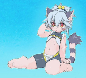 alternative_fashion anthro barefoot biped cheerleader chibi clothed clothing feet female fur grey_hair hair j-fashion kemono looking_at_viewer midriff pink_body pink_fur red_eyes simple_background sitting skimpy solo stripes tail tail_tuft tuft tatotake_mono cyberconnect2 little_tail_bronx solatorobo elh_melizee felid felineko mammal source_request