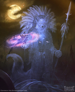 anthro clothing cloud fog full_moon fur holding_melee_weapon holding_object holding_polearm holding_spear holding_weapon loose_feather magic melee_weapon moon plant polearm robe solo spear swamp tail text translucent translucent_body tree water weapon xavier_ribeiro hex:_shards_of_fate canid mammal spirit 2015 english_text hi_res official_art