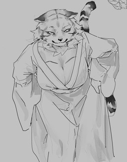 anthro biped breasts cleavage clothed clothing ears_aside eyebrows female fur grey_background hand_on_hip looking_at_viewer mouth_closed simple_background solo standing tail teeth meckmeck00124 felid mammal pantherine tiger absurd_res hi_res monochrome