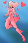 anthro black_eyes black_sclera blue_background blush breasts crown female genitals hair headgear heart_symbol lips nipples non-mammal_breasts non-mammal_nipples pink_body pink_hair pink_skin pokemorph pussy simple_background smile solo momorodent nintendo pokemon fish generation_3_pokemon luvdisc marine pokemon_(species)