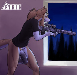 anthro balls big_balls big_penis bottomless breasts clothed clothed_anthro clothed_gynomorph clothed_intersex clothing darkened_balls darkened_genitalia flaccid foreskin fur genitals glans gun gynomorph hair half-erect holding_gun holding_object holding_ranged_weapon holding_weapon humanoid_genitalia humanoid_penis intersex muscular muscular_anthro muscular_gynomorph muscular_intersex partially_retracted_foreskin penis ranged_weapon red_eyes shirt solo standing topwear vein weapon pirin-apex jina_choi canid canine canis domestic_dog mammal hi_res