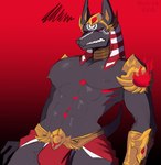 abs annoyed anthro balls biceps black_body blush bodily_fluids bottomwear bulge clothing egyptian egyptian_clothing egyptian_headdress erection genitals headgear loincloth male muscular muscular_anthro muscular_male nemes_(clothing) nipples nude pecs penis red_eyes serratus sharp_teeth simple_background solo sweat teeth triceps ruvik666 blizzard_entertainment egyptian_mythology middle_eastern_mythology mythology overwatch anubis anubis_reaper reaper_(overwatch) anubian_jackal canid canine canis deity jackal mammal absurd_res hi_res