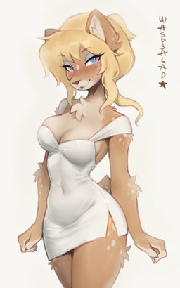 alternate_species anthro bedroom_eyes big_breasts biped blonde_hair blue_eyes breasts brown_body brown_fur brown_tail claws cleavage clothed clothed_anthro clothed_female clothing cocked_hip cocktail_dress crossed_legs dress ears_up extended_arms female finger_claws fingers front_view fur furrification hair half-closed_eyes inner_ear_fluff legs_together looking_at_viewer markings medium_breasts narrowed_eyes navel navel_outline raised_tail seductive short_dress simple_background slim smile solo spots spotted_body spotted_fur spotted_markings spotted_tail standing tail tail_markings three-quarter_view tight_clothing tight_dress tuft wide_hips waspsalad cool_world holli_would deer mammal 2025 5:8 digital_drawing_(artwork) digital_media_(artwork) hi_res