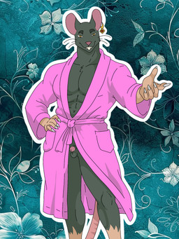 anthro clothing genitals male micropenis muscular penis pink_clothing pink_robe robe small_penis solo sander_the_bull vittorio_raimondo mammal murid murine rat rodent hi_res
