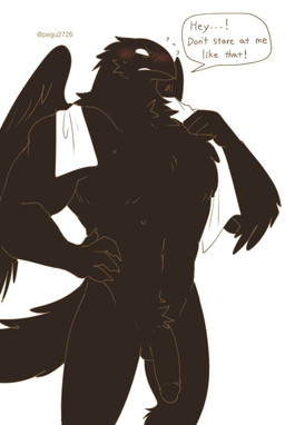 anthro balls black_balls black_body black_feathers black_penis blush dialogue embarrassed feathers genitals hand_on_hip humanoid_genitalia humanoid_penis looking_at_viewer male muscular muscular_anthro muscular_male penis pose simple_background solo speech_bubble sweat_emanata text towel towel_around_neck white_background white_eyes lovebuffpg45 karagarasu_(pegu2726) avian artist_name digital_drawing_(artwork) digital_media_(artwork) english_text hi_res pinup