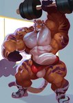 anthro balls barazoku big_muscles bodily_fluids clothing erection exercise genitals grin gym huge_muscles hyper hyper_muscles lats_(muscle) male muscular muscular_anthro muscular_arms muscular_male muscular_thighs nipples pecs penis smile solo sweat tail vascular_penis wardrobe_malfunction weightlifting workout null-ghost felid mammal pantherine tiger digital_media_(artwork) hi_res