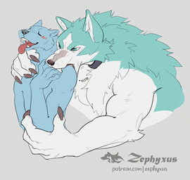 anthro bite blue_body blue_fur blush claws collar duo eyes_closed fangs finger_claws fur male multicolored_body multicolored_fur shoulder_bite teal_body teal_eyes teal_fur teeth text tongue tongue_out two_tone_body two_tone_fur white_body white_fur zephyxus brand_new_animal studio_trigger shirou_ogami canid canine canis mammal wolf 2026 digital_media_(artwork) url