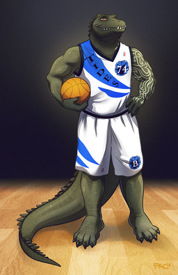 4_toes anthro arm_tattoo ball basketball_jersey blue_clothing brown_eyes claws clothing feet floor green_body green_skin head_spikes holding_ball holding_basketball holding_object logo male markings multicolored_clothing muscular number scale_markings scales sharp_teeth simple_background snout solo spiked_tail spikes spikes_(anatomy) standing tail tattoo teeth thick_tail toe_claws toes tribal tribal_tattoo white_clothing wood wood_floor tacorat alligator alligatorid crocodilian reptile scalie 2014 signature