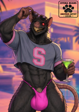 anthro blurred_background bulge clothed clothing cocktail_glass container cup drinking_glass eyewear eyewear_on_head glass glass_container glass_cup incisors male muscular muscular_male pink_tail red_eyes sharp_teeth skimpy solo sunglasses sunglasses_on_head tail teeth thong underwear wearing_sunglasses hyena_beans grand_theft_auto rockstar_games warhammer_(franchise) mammal rodent skaven absurd_res hi_res