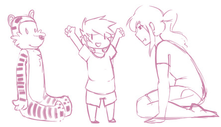alternate_form bottomwear clothed clothing female fur group hair happy kneeling looking_at_viewer male open_mouth ponytail shirt shorts simple_background smile standing stripes topwear trio white_background unknown_artist calvin_and_hobbes felid human mammal pantherine tiger digital_media_(artwork) monochrome pink_and_white source_request