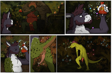 animal_genitalia animal_penis anthro anus belly chair clothed clothing duo erection feet female fingers forest fur furniture genital_slit genitals half-erect headgear holding_object male nature nude outside overweight overweight_anthro overweight_female penis plant potion potion_bottle sitting slit_penis species_transformation standing tail throne toes transformation tree tribal zafara_(artist) asinus donkey equid equine lizard mammal reptile scalie comic digital_media_(artwork) hi_res