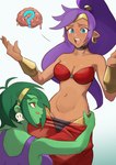 accessory assisted_exposure belly_dancer belly_dancer_outfit big_breasts blue_eyes blush bottomwear bottomwear_down bracelet breasts brown_eyes choker cleavage clothed clothing dark_body dark_skin duo ear_piercing ear_ring eyelashes female front_view green_body green_hair green_skin hair hair_accessory hairband humanoid_pointy_ears jewelry long_hair navel necklace open_mouth pants pants_down partially_clothed piercing pointy_ears ponytail purple_clothing purple_hair purple_topwear question_mark red_bottomwear red_clothing red_topwear ring_piercing short_hair simple_background tongue tongue_out topwear white_background wide_hips milkmountain shantae_(series) wayforward rottytops shantae genie humanoid undead zombie absurd_res hi_res