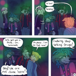 4_panel_comic angry annoyed anthro arm_over_shoulder belt black_hair blep blonde_hair blue_eyes blue_hair bottomwear brown_eyes cigarette cigarette_in_mouth clothing coat collar colored_lighting dialogue ear_piercing excited eyebrow_piercing facial_piercing fur green_eyes greeting grey_body grey_fur group hair hand_in_pocket hands_behind_back inside logo male nightclub nose_chain nose_piercing object_in_mouth offended page_number pants pattern_clothing pattern_shirt pattern_topwear piercing pink_clothing pink_shirt pink_topwear pockets pride_pin profanity shirt smoke smoking smoking_cigarette speech_bubble spiked_belt spiked_collar spikes standing striped_clothing striped_shirt striped_topwear stripes text tongue tongue_out toothy_grin topwear vest yellow_body yellow_fur kriek_wildebeest background_character jeremy_(kriek_wildebeest) parker_(kriek_wildebeest) tom_(kriek_wildebeest) bird_dog border_collie canid canine canis cavalier_king_charles_spaniel collie domestic_dog herding_dog hunting_dog husky hybrid mammal nordic_sled_dog pastoral_dog sheepdog spaniel spitz toy_dog wolf 1:1 artist_logo comic english_text hi_res