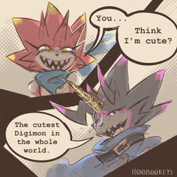 anthro black_body black_sclera duo evolutionary_family horn male male/male red_body sharp_teeth smile teeth text b00b00keys bandai_namco digimon digimon_ghost_game betelgammamon digimon_(species) gulusgammamon scalie 1:1 english_text hi_res