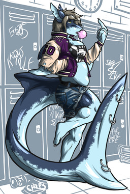against_container against_locker against_surface against_wall anthro belly belly_overhang big_belly big_breasts blowing_bubble_gum bottomwear breasts bubble bubble_gum candy clock clothed clothing container denim denim_clothing dessert female food furgonomic_piercing furgonomics gesture gum hand_gesture inflating inside jacket letterman_jacket locker middle_finger non-mammal_breasts open_clothing open_jacket open_topwear piercing school shorts skimpy slightly_chubby solo spikes standing tail tail_piercing tight_clothing topwear eda aquatic fish shark hi_res