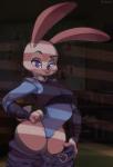 anthro breasts breath clothed clothing female fur grey_body grey_fur leotard looking_at_viewer panting police purple_eyes short_stack solo standing undressing riipley disney zootopia judy_hopps lagomorph leporid mammal rabbit digital_media_(artwork)