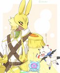 anthro armor belt blonde_hair blush female feral group hair headgear helmet kerchief male mask melee_weapon rapier smile sword trio weapon wings koke2gou bandai_namco digimon digimon_ghost_game animal_humanoid diarbbitmon digimon_(species) gammamon humanoid jellymon lagomorph lagomorph_humanoid leporid_humanoid mammal mammal_humanoid rabbit_humanoid