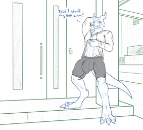 abs anthro balls big_balls big_bulge big_penis bulge clothed clothing clothing_lift detailed_bulge door exposing genitals grin grinning_at_viewer hand_behind_head hoodie hoodie_lift huge_balls huge_bulge huge_penis looking_at_viewer male penis presenting revealing_outfit seductive skimpy smile smiling_at_viewer solo spread_legs spreading suggestive talking_to_viewer teasing teasing_viewer text tight_bulges tight_clothing tight_underwear topwear underwear conditional_dnp samagthrav2 bandai_namco digimon ceasar_(samagthrav2) digimon_(species) flamedramon english_text hi_res