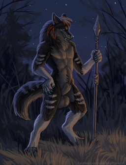 accessory animal_genitalia anthro ball balls belly big_balls biped black_body black_fur black_nose blue_claws blue_eyes claws detailed_background detailed_fur digitigrade dominant eyebrows fangs feather_in_hair feathers forest forest_background fur genitals gloves_(marking) grass grey_balls grey_belly grey_body grey_fur grey_sheath grin hair hair_accessory hand_on_hip looking_at_viewer loose_feather male markings melee_weapon multicolored_body multicolored_ears multicolored_fur multicolored_hair multicolored_tail muscular muscular_male nature nature_background neck_tuft nude orange_body orange_eyebrows orange_fur orange_pawpads pawpads plant polearm pose seductive sheath smile solo spear standing stripes tail teeth text tree tribal tuft weapon whiskers white_body white_fur white_stripes heatherwolf mythology athoswolf1337 canid canine canis mammal mythological_canine mythological_creature werecanid werecanine werecreature werewolf wolf 2022 absurd_res detailed digital_media_(artwork) digital_painting_(artwork) full-length_portrait hi_res painting_(artwork) portrait shaded url watermark
