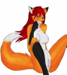 anthro big_breasts blue_eyes blush breasts dipstick_tail female markings nipples seductive simple_background solo tail tail_markings white_background syntex samantha_arrow canid canine fox mammal