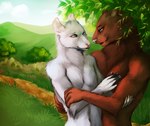 5_fingers anthro black_nose blue_eyes brown_body brown_eyes brown_fur cloud day duo fingers fur grass grey_body grey_fur hand_on_arm hand_on_bicep hill hug leaf looking_at_another male male/male nude outside pink_nose plant public public_nudity romantic romantic_couple sky tasteful_nudity trail tree yaoi-no-mikan ned_caswell theo_willis beaver mammal murid murine rat rodent 2016