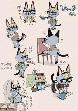 accessory alternate_costume anthro backpack bent_over blonde_hair bow_(feature) bow_accessory bow_ribbon butt chair cleaning climbing_on clothing container cup eyewear food fur furgonomics furniture glasses grey_body grey_fur hair heterochromia holding_object looking_back maid_uniform male pattern_clothing pattern_shirt pattern_topwear ribbons scared shirt sign solo striped_clothing striped_shirt striped_topwear stripes tail tail_accessory tail_bow tail_ribbon text topwear uniform unimpressed shiotan animal_crossing nintendo raymond_(animal_crossing) domestic_cat felid feline felis mammal 2020 absurd_res hi_res japanese_text multiple_images translation_request