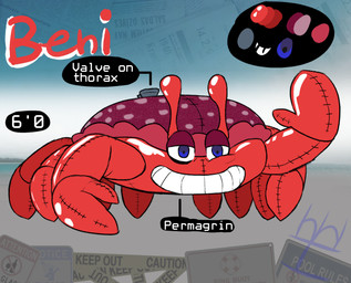 barricade_tape black_outline blue_eyes caution_sign caution_tape color_swatch glistening glistening_body height inflatable nozzle nozzle_(valve) nozzle_on_back outline pool_toy text imhiddenhare beni_(imhiddenhare) animate_inanimate arthropod crab crustacean decapod living_inflatable malacostracan 2025 character_name english_text hi_res model_sheet