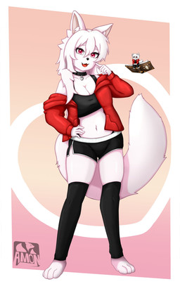 anthro bottomwear clothing crop_top denim denim_bottomwear denim_clothing denim_shorts duo extreme_size_difference female fluffy fluffy_tail hair male male/female poking red_eyes semi-anthro shirt shorts simple_background sitting size_difference smile tail topwear white_body white_hair amoni_(artist) animal_humanoid canid canine fox humanoid mammal absurd_res hi_res