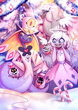 blue_sclera bottomwear brown_body clothed clothing detailed_background feathered_wings feathers female grey_hair group hair hat headgear headwear male multicolored_hair open_mouth open_smile outside pattern_clothing pattern_topwear pink_bottomwear pink_clothing pink_skirt plant pupils red_pupils skirt smile snow standing string_lights striped_clothing striped_topwear stripes text toony topwear tree two_tone_hair white_clothing white_eyes white_hair white_hat white_headwear white_topwear wings yellow_eyes bloominglynx humanoid reptile scalie snake artist_name detailed hi_res