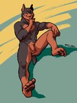 abs anthro athletic athletic_anthro athletic_male balls black_body black_fur bodily_fluids brown_body brown_fur feet foreskin fur genital_fluids genitals humanoid_genitalia looking_at_viewer male nipples nude nude_anthro nude_male one_eye_closed pawpads pecs penis pointy_ears precum precum_string red_eyes shush sitting solo wink winking_at_viewer fruitz canid canine canis dobermann domestic_dog mammal pinscher hi_res