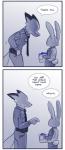 2016 anthro blueberry_(fruit) canid canine clothed clothing comic dialogue disney duo english_text fan_character female food fox fruit hi_res july_hopps_(mistermead) lagomorph leporid male mammal nick_wilde plant police police_uniform rabbit red_fox rockbottomfeeder simple_background speech_bubble text true_fox uniform zootopia