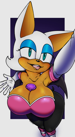 anthro armwear bat_wings between_breasts big_breasts big_ears black_bodysuit black_clothing black_nose black_skinsuit black_wings blue_eyeshadow bodily_fluids bodysuit boots breasts chaos_emerald cleavage clothed clothing elbow_gloves eyelashes eyeshadow female footwear front_view fur gem gloves green_eyes handwear huge_breasts knee_boots knee_highs legwear looking_at_viewer makeup membrane_(anatomy) membranous_wings orange_body orange_fur purple_background shoes simple_background skinsuit solo sweat sweaty_breasts thick_thighs tight_clothing tongue tongue_out white_background white_body white_boots white_clothing white_footwear white_fur white_gloves white_handwear wide_hips wings unfunnybill sega sonic_the_hedgehog_(series) rouge_the_bat bat mammal hi_res