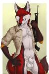 animal_genitalia animal_penis anthro ar_platform assault_rifle balls bottomless brown_body brown_fur canine_genitalia canine_penis chest_tuft clothed clothing detached_sheath flaccid fluffy fluffy_tail fur genitals gloves_(marking) green_eyes gun hand_on_hip head_tuft holding_gun holding_object holding_ranged_weapon holding_rifle holding_weapon looking_aside m16 m16a4 male markings military name_tag navel open_clothing open_mouth open_shirt open_topwear partially_clothed penis penis_tip ranged_weapon red_body red_fur rifle sheath shirt simple_background smile solo standing stoner_rifle tail teeth thick_sheath topwear tuft weapon white_body white_fur truegrave9 canid canine fox mammal 2016 portrait signature three-quarter_portrait