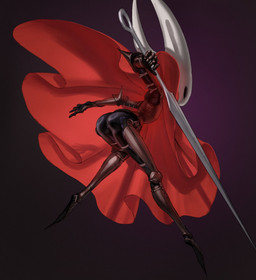 anthro armor big_butt black_body black_eyes butt cloak clothing empty_eyes female holding_object holding_weapon purple_background rear_view red_cloak red_clothing simple_background solo thick_thighs weapon white_body wide_hips wassnonnam hollow_knight_(franchise) team_cherry hornet_(hollow_knight) arthropod insect absurd_res hi_res