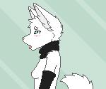 2017 6:5 anthro armwear begging blush breasts bridal_gauntlets canid canine canis clothed clothing digital_media_(artwork) ears_up female fur fuzzledfur green_eyes looking_up mammal nipples partially_clothed pixel_(artwork) scarf simple_background solo submissive tongue tongue_out white_body white_fur wolf