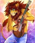 5_fingers anthro brown_hair clothed clothing fingers green_eyes guitar hair male musical_instrument plucked_string_instrument simple_background solo string_instrument text topless imanika les_paul felid lion mammal pantherine 2018 digital_media_(artwork) english_text