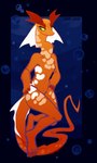 anthro breasts featureless_breasts female front_view green_eyes grey_sclera hands_on_hips long_neck markings mouth_closed orange_body small_breasts solo underwater water white_markings corzh77 meishi reptile scalie snake 2018 dated full-length_portrait hi_res portrait signature