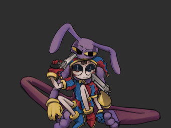 anthro clothed clothing duo female fool's_hat gloves gun gun_to_head gunpoint half-closed_eyes handwear hat head_on_head headgear headwear heterochromia holding_gun holding_object holding_ranged_weapon holding_weapon jester_outfit long_legs male multicolored_clothing narrowed_eyes on_lap pointing_gun purple_body ranged_weapon simple_background sitting sitting_on_lap tired_eyes two_tone_clothing weapon yellow_clothing yellow_gloves yellow_handwear kaiartis glitch_productions the_amazing_digital_circus jax_(tadc) pomni_(tadc) humanoid lagomorph leporid mammal rabbit 2025 hi_res