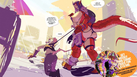 advertisement anthro big_breasts black_hair blonde_hair breasts chainmail clothing dialogue dominant dominant_female duo fantasy female hair leash leash_pull leashed_male long_hair male red_body red_scales scales text voluptuous_female kenno_arkkan mythology tiamat_(buxombalrog) waylon_(thecosmicwolf33) animal_humanoid dragon humanoid mammal murid murine mythological_creature mythological_scalie rat rodent scalie 16:9 2026 adversarial_noise digital_media_(artwork) english_text hi_res widescreen