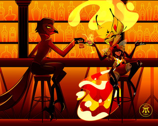 alcohol anthro bar beverage celebration clinking duo feet female happy male multi_limb talons toes misspanica1 hazbin_hotel hellaverse helluva_boss fan_character queen_bee-lzebub_(helluva_boss) sorcha_(zilvus) avian bird canid canine corvid fox magpie_(corvid) mammal oscine passerine 5:4 hi_res