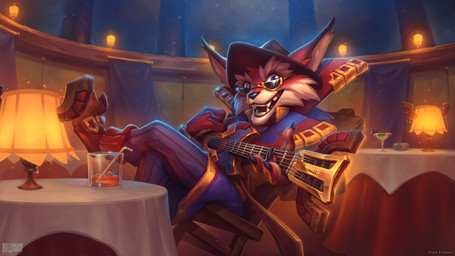 3_toes 4_fingers acoustic_guitar anthro black_nose claws clothed clothed_anthro clothed_male clothing digitigrade eyewear fangs feet finger_claws fingers footwear fur glasses guitar hat headgear headwear humanoid_hands male musical_instrument paws playing_guitar playing_music plucked_string_instrument red_body red_fur sitting smile solo string_instrument teeth toe_claws toeless_footwear toes wearing_glasses wearing_hat ivan_fomin blizzard_entertainment hearthstone warcraft inzah canid mammal vulpera 16:9 hi_res official_art widescreen