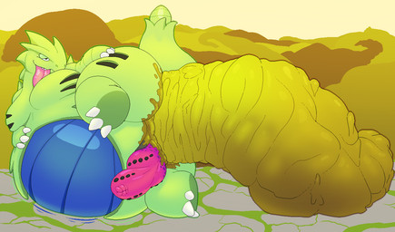 anthro anus blue_body blue_scales claws colored_feces erection excessive_feces feces genitals green_body green_horn horn hyper hyper_feces male messy nude penis pooping scales scatplay smile solo toe_claws tongue tongue_out unusual_feces yellow_feces yowesephth nintendo pokemon vector_(tyranitar) generation_2_pokemon pokemon_(species) tyranitar 2016